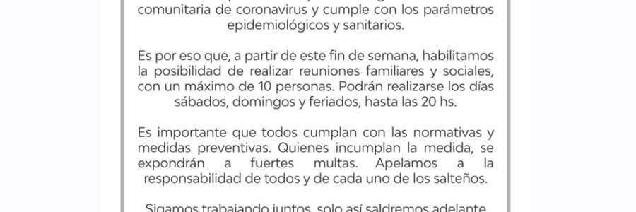 El Comité Operativo de Emergencia habilitó las reuniones familiares y sociales a partir de este fin de semana